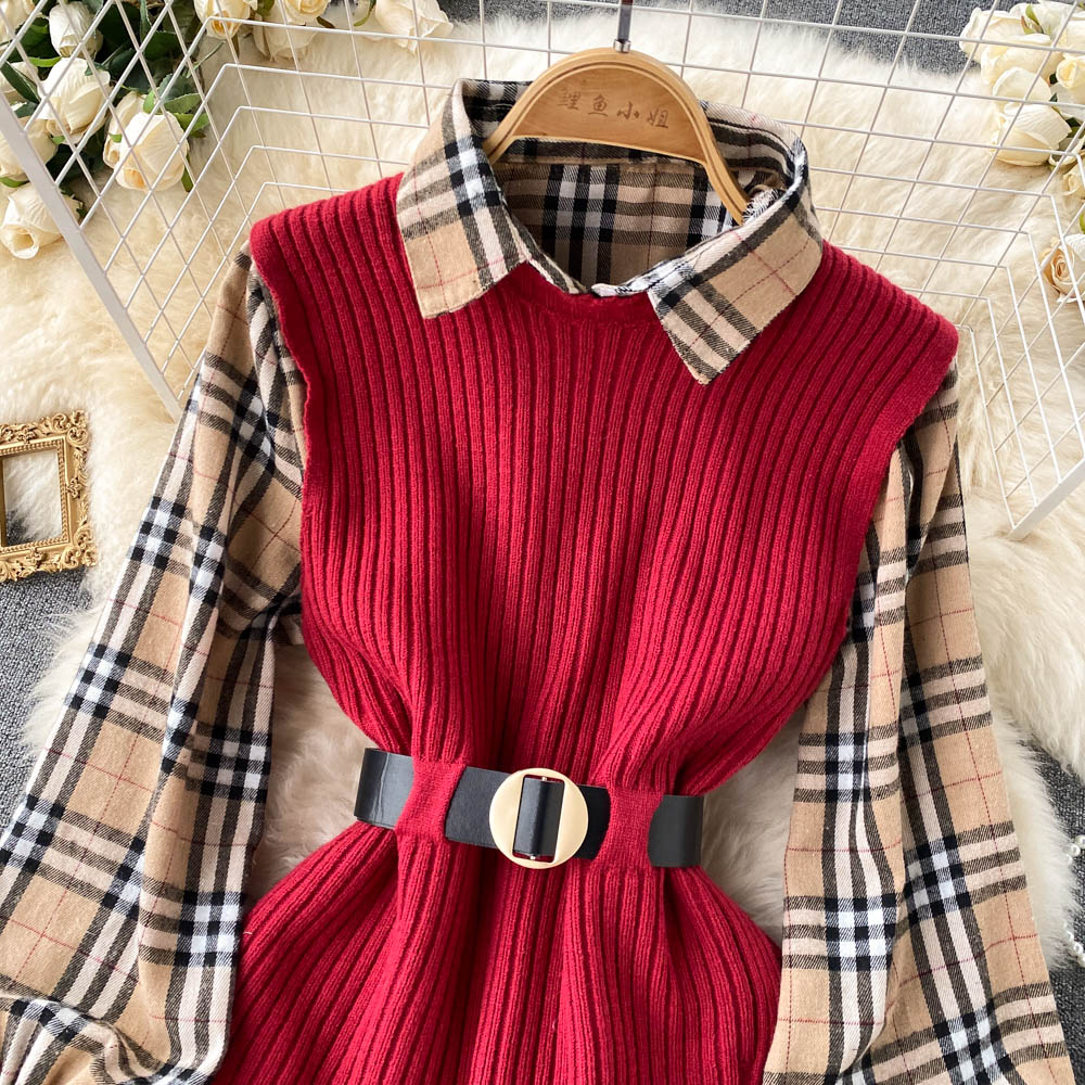 Two-piece Tartan Shirt Split Knit Vest