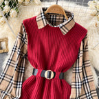 Two-piece Tartan Shirt Split Knit Vest