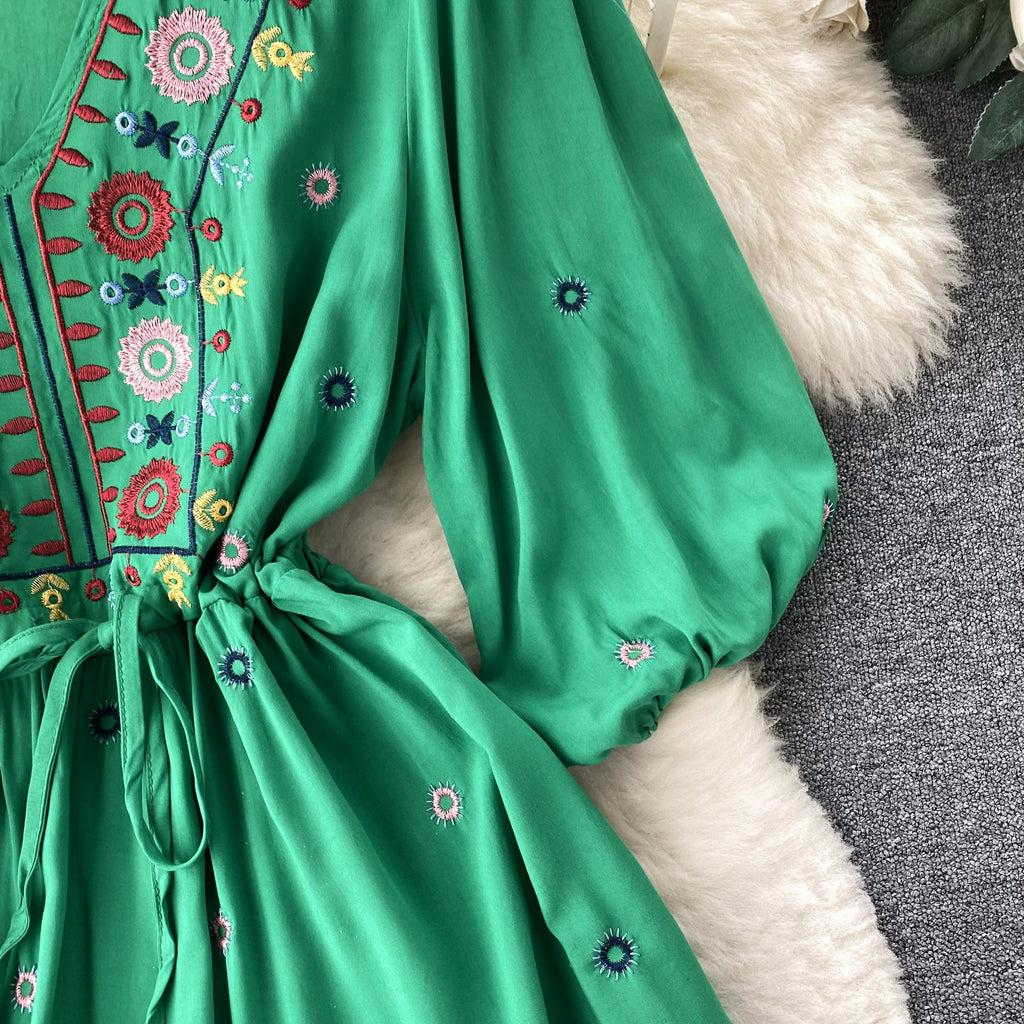 Bohemian Embroidered Drawstring Floral Dress