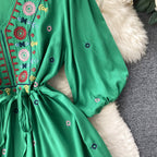Bohemian Embroidered Drawstring Floral Dress