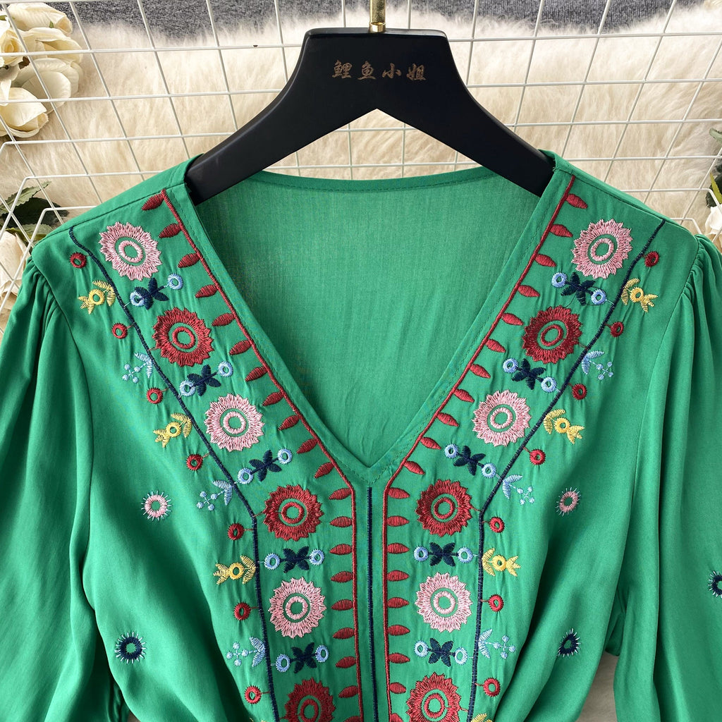 Bohemian Embroidered Drawstring Floral Dress