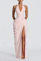 Long Dress With Deep Neck V-pleated Split
