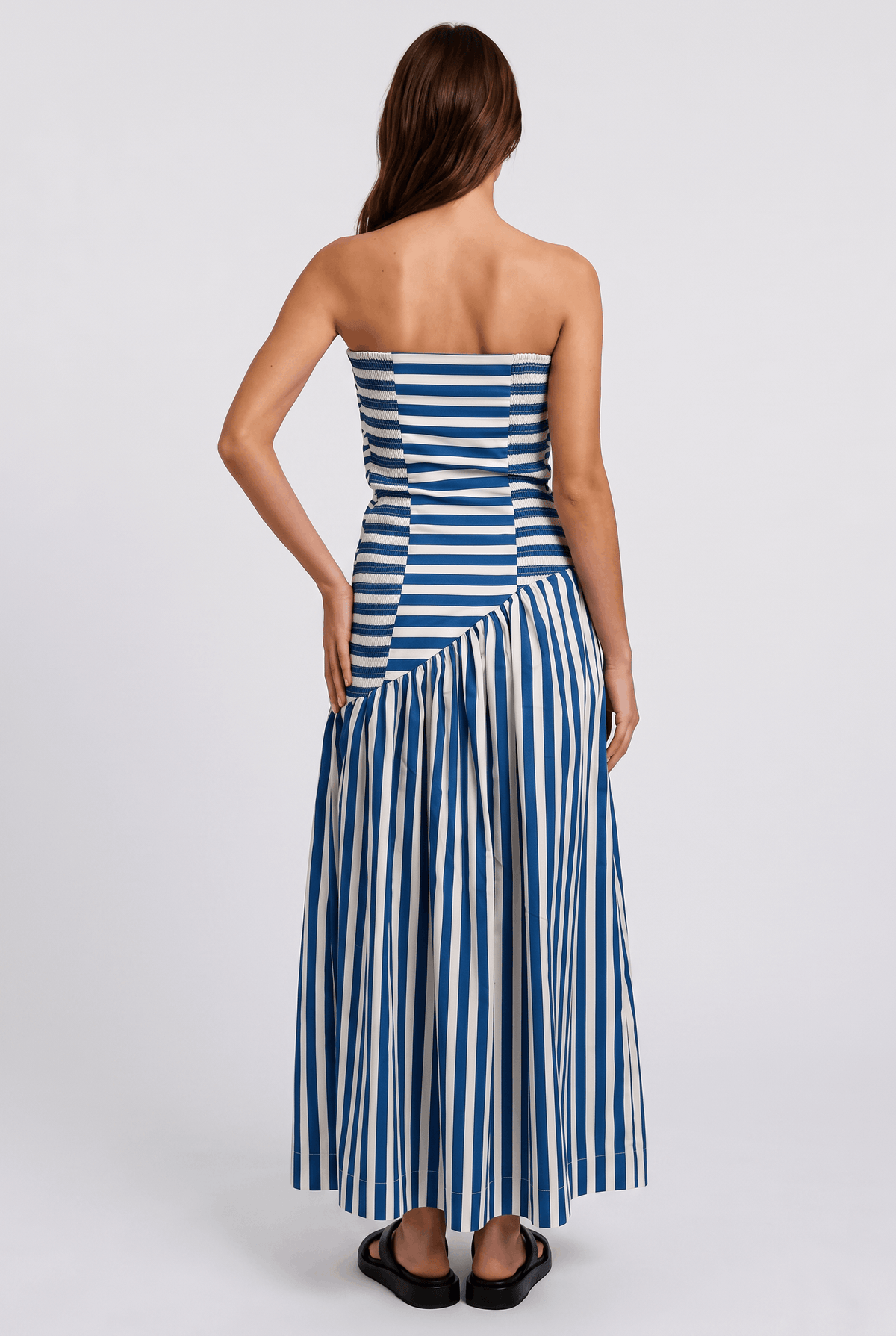 Blue And White Striped Strapless Pleated Asymmetrical Stitching Long Dress