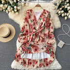 V-neck Waistband Ruffle Dress
