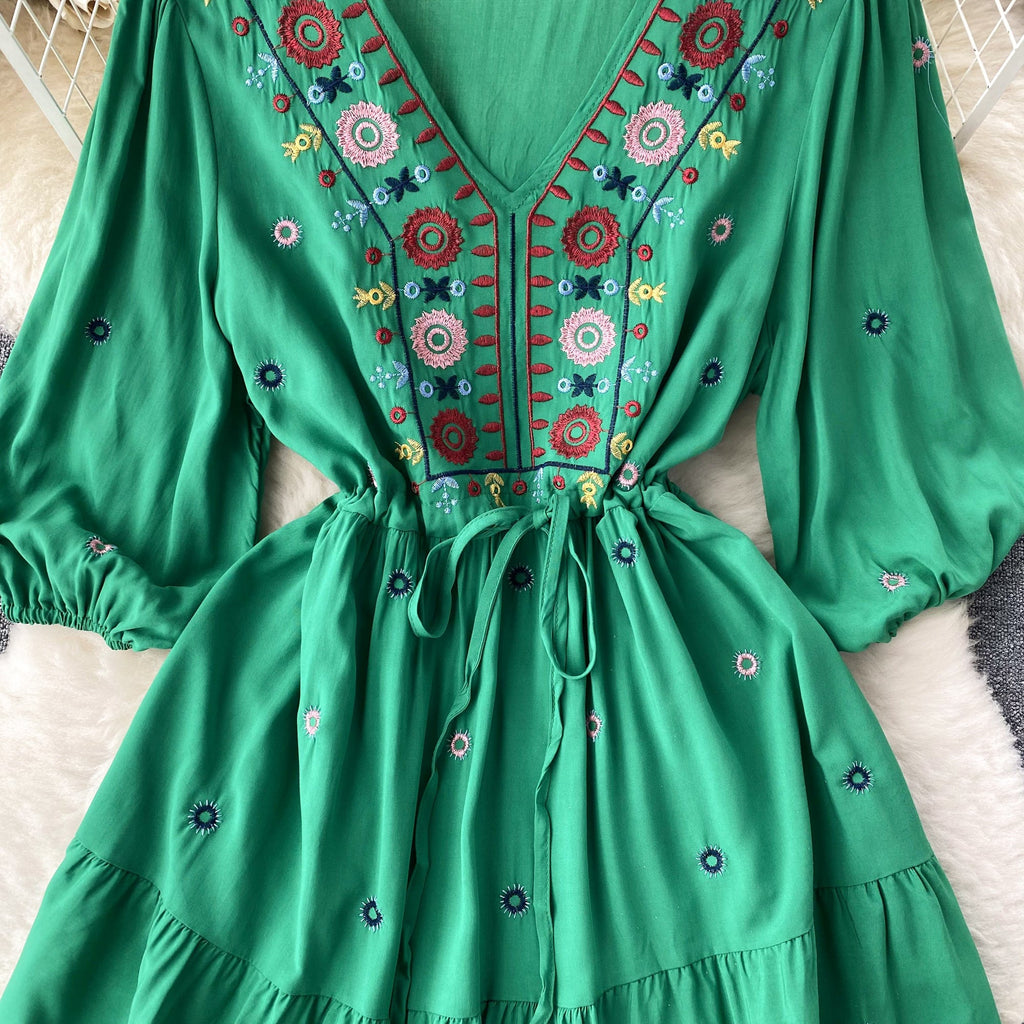 Bohemian Embroidered Drawstring Floral Dress