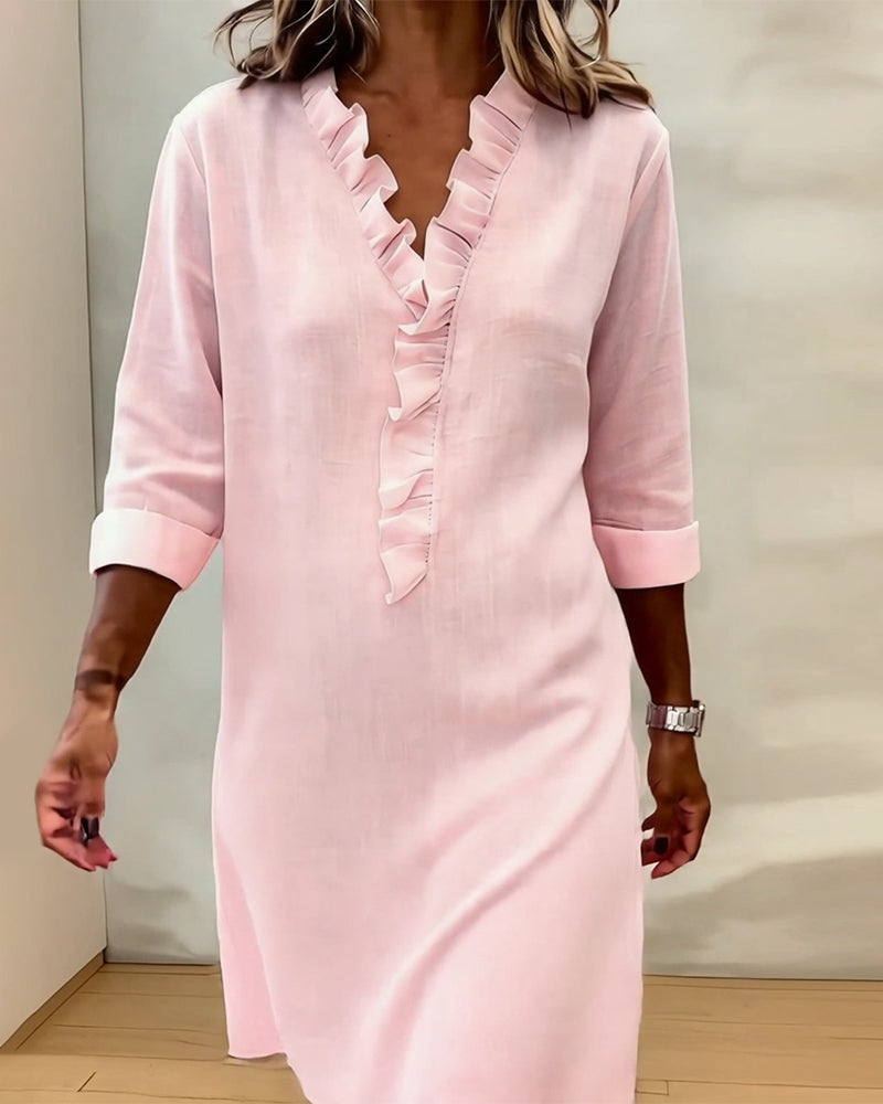 Ruffled V-Neck Solid Dress