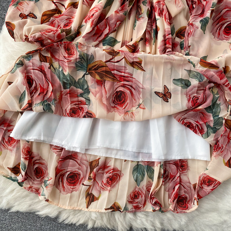 V-neck Waistband Ruffle Dress