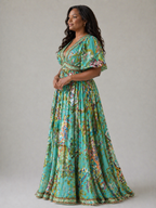 Puff-Sleeve V-Neck Maxi Dress