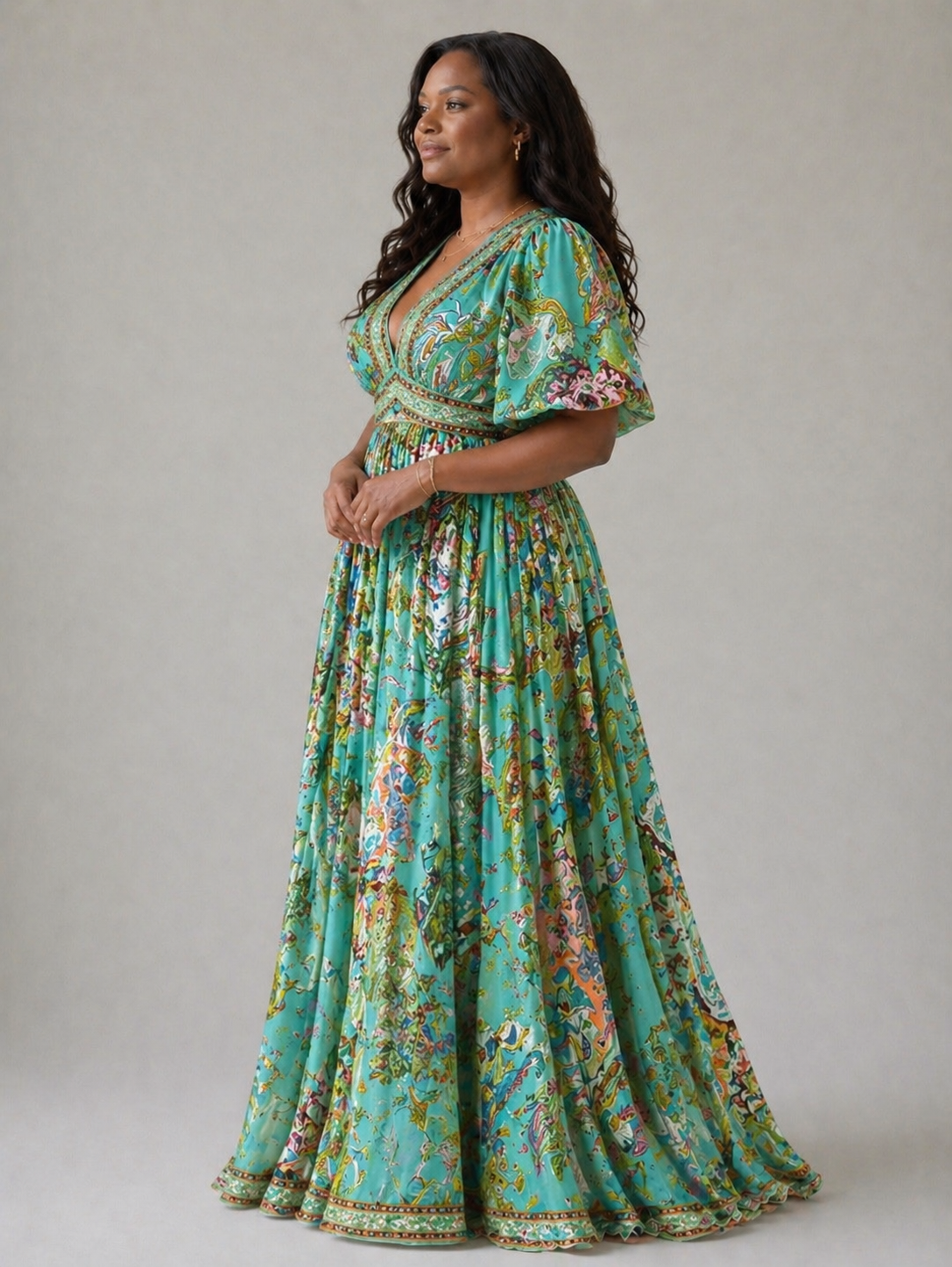 Puff-Sleeve V-Neck Maxi Dress