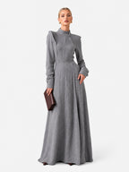 Architectural High-Neck Long Sleeve Maxi Dress With Puffed Shoulders & Flared Cuffs