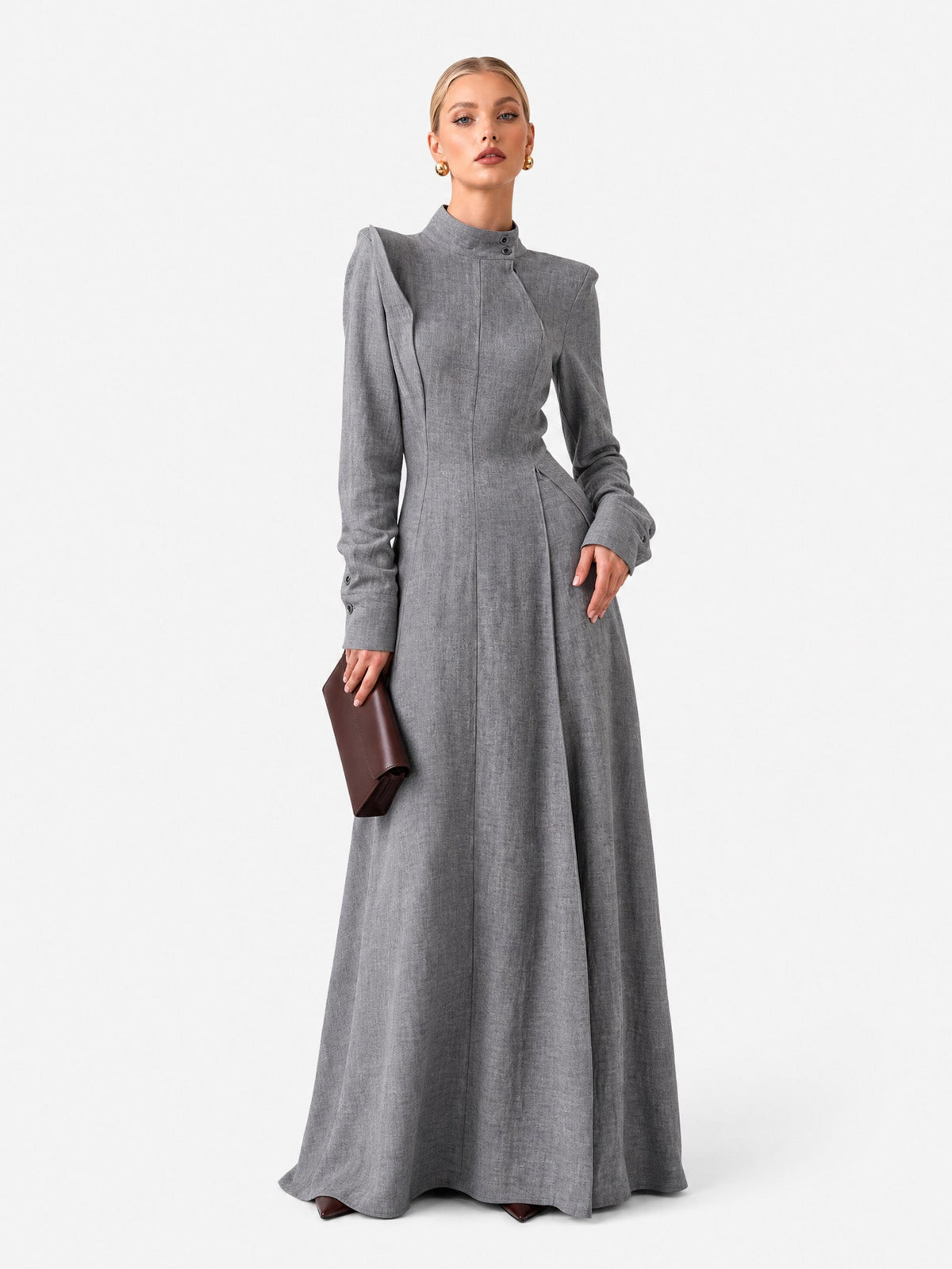 Architectural High-Neck Long Sleeve Maxi Dress With Puffed Shoulders & Flared Cuffs