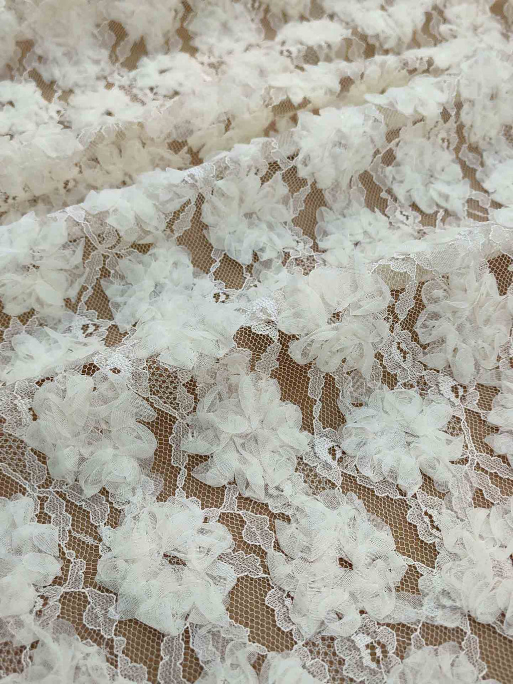 Cream White Floral Lace V-Neck Puff Sleeve Midi Dress