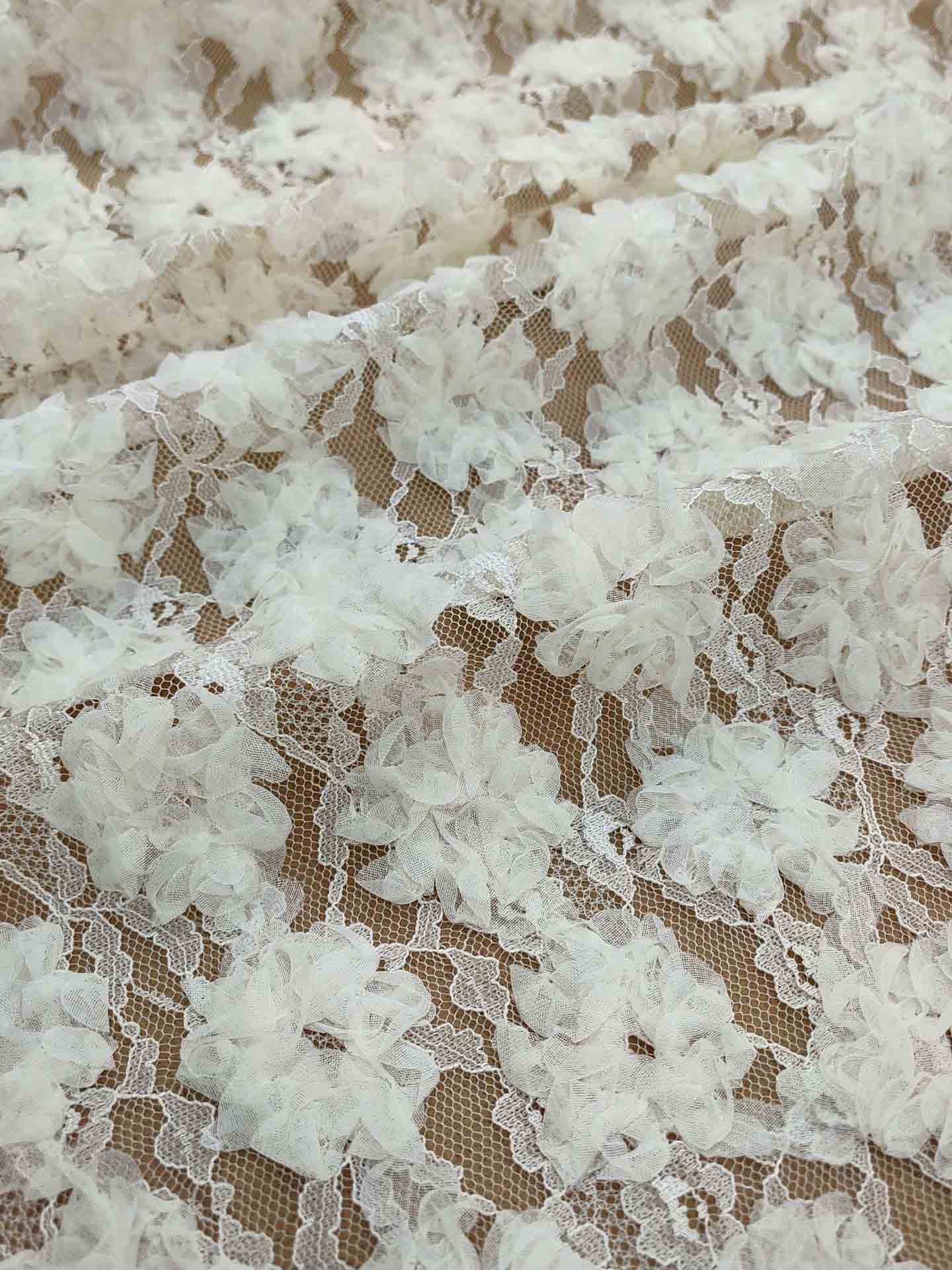 Cream White Floral Lace V-Neck Puff Sleeve Midi Dress
