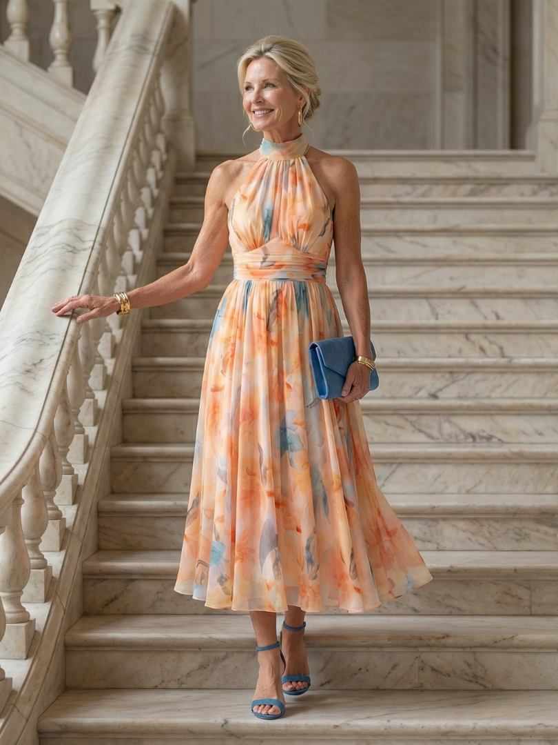 Lightweight Gathered Halter Midi Dress