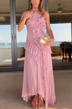 Margovil Strappy Halter Neck Ruffle Trim Asymmetric Hem Pleated Maxi Dress