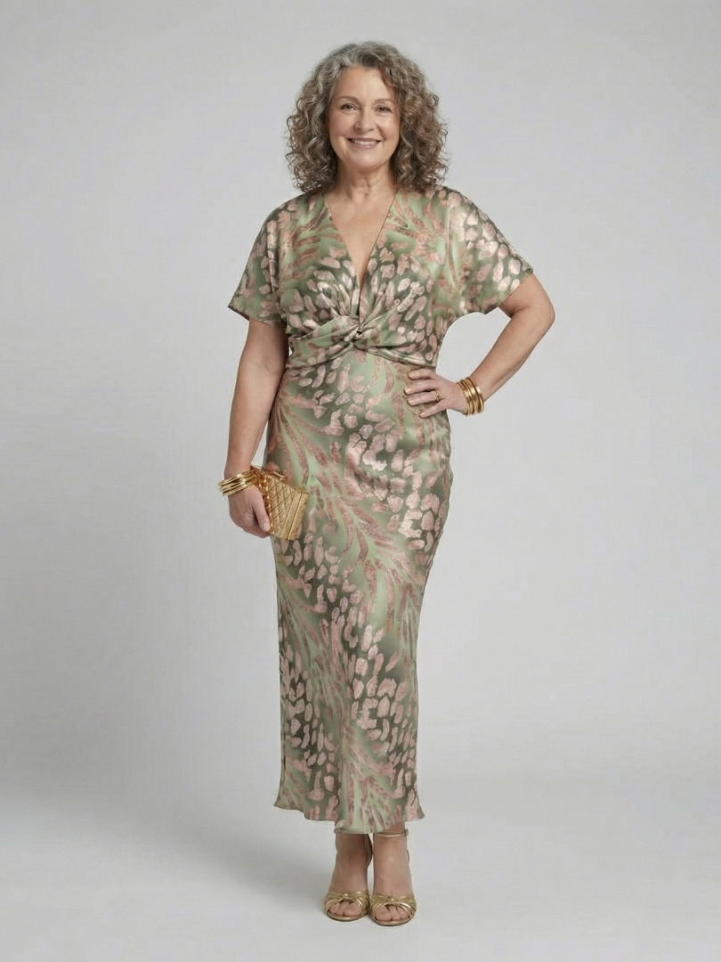 Abstract Print V-Neck Twist-Waist Midi Dress