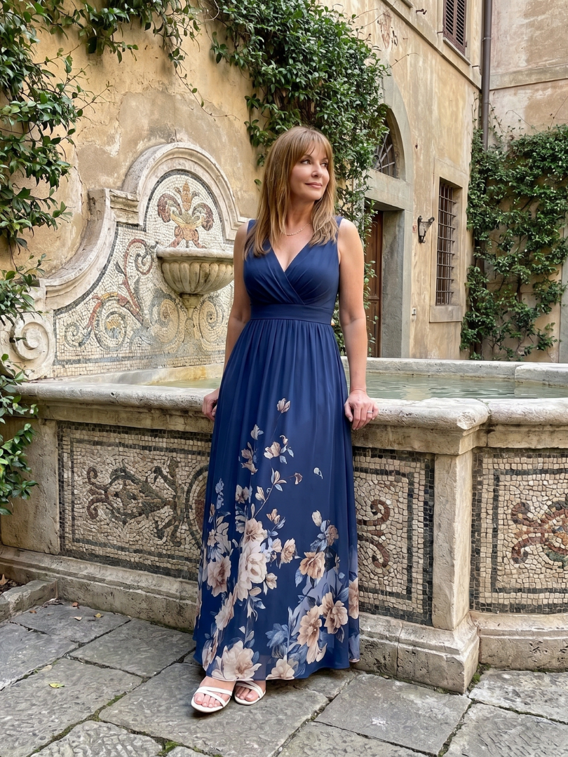 Floral-Hem Sleeveless V-Neck Midi Dress