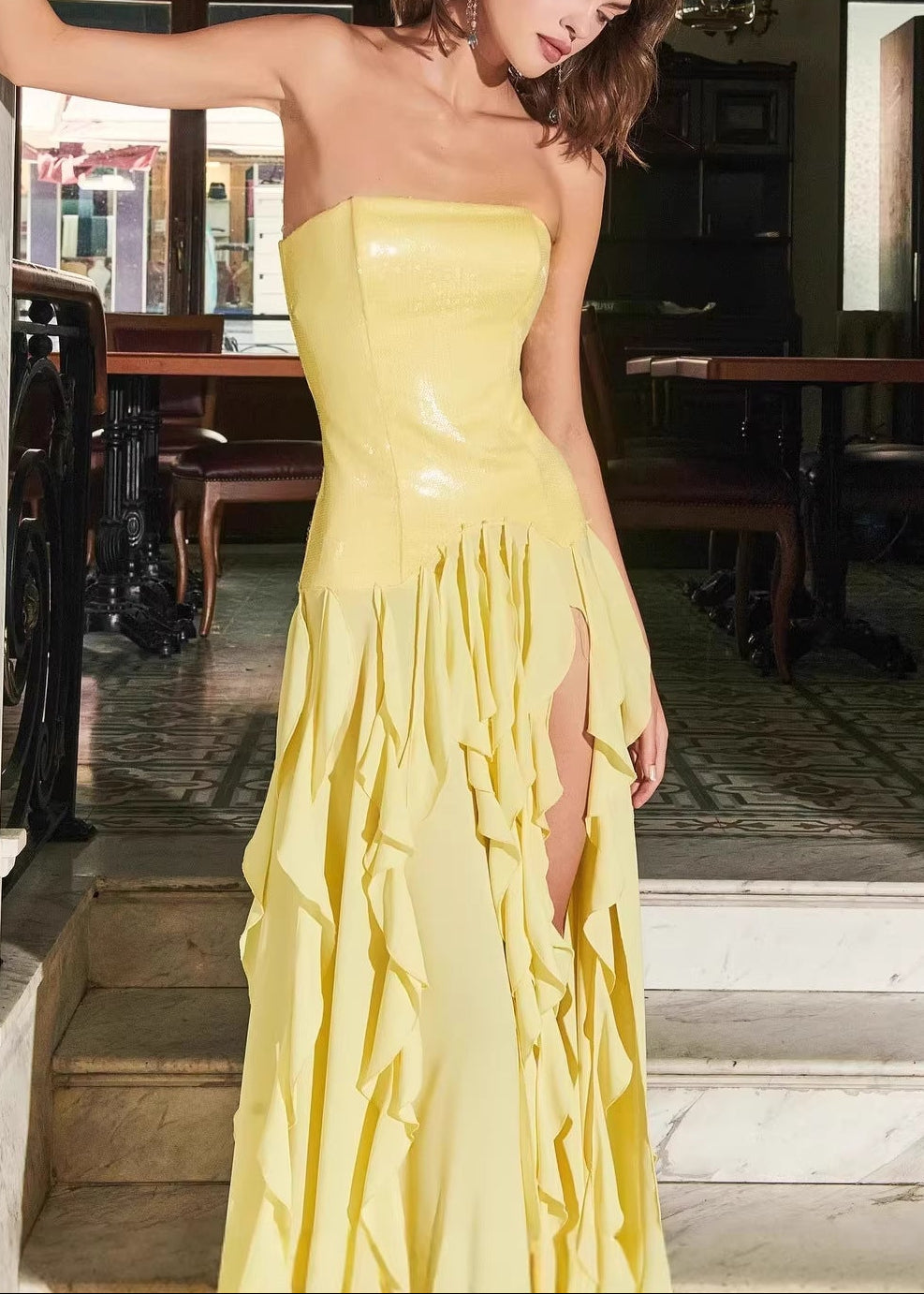 Alekos Strapless Sequin Ruffle Maxi Dress