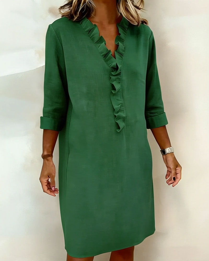 Ruffled V-Neck Solid Dress