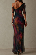 One‑Shoulder Mismatched Sleeve Tie‑Dye Ruched Slit Mesh Maxi Dress