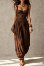 Boho Lace Ruffle Strap Drawstring Waist Harem Jumpsuit