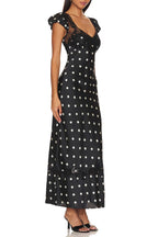 V-Neck Lace Stitching Puff Sleeve Dot Dress