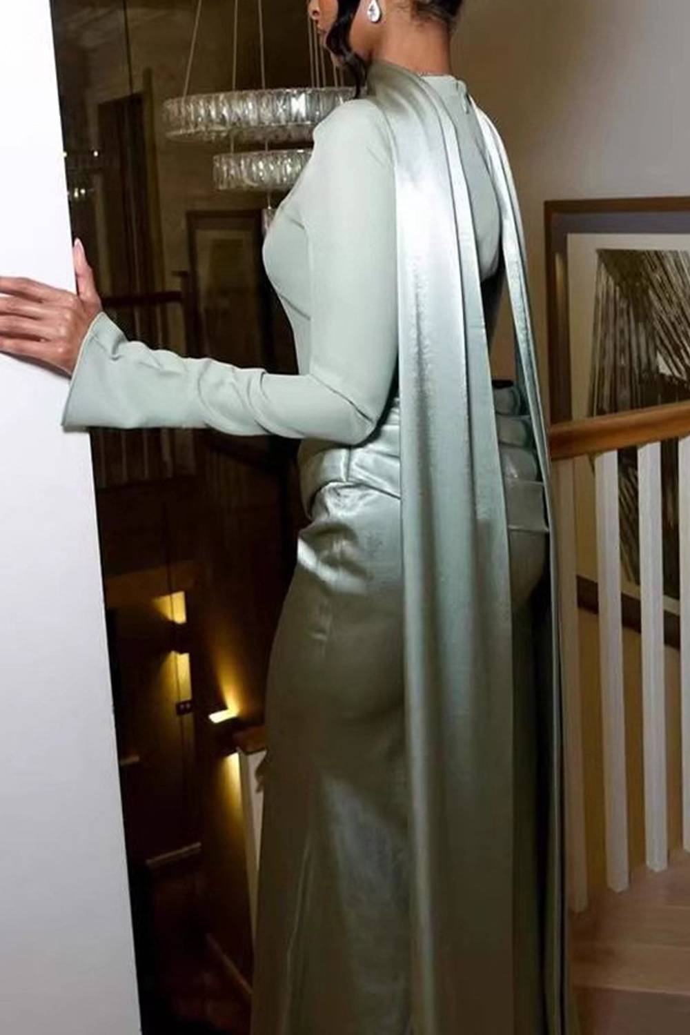 Mock Neck Long Sleeve Draped Waist Floor‑Length Maxi Dress
