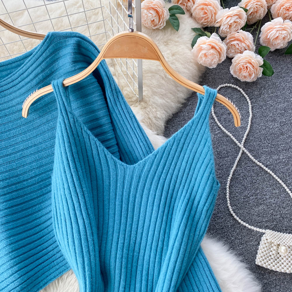Chic Jersey&Halter V-neck Dress 2Pcs