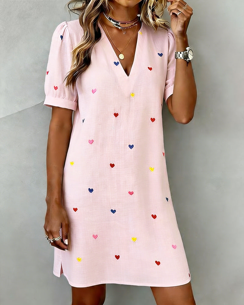 Colorful Heart Print Dress with V-Neck
