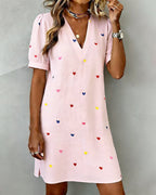 Colorful Heart Print Dress with V-Neck