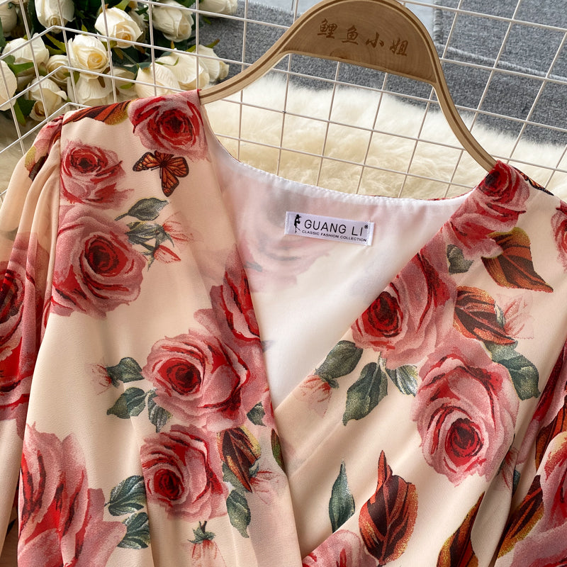 V-neck Waistband Ruffle Dress