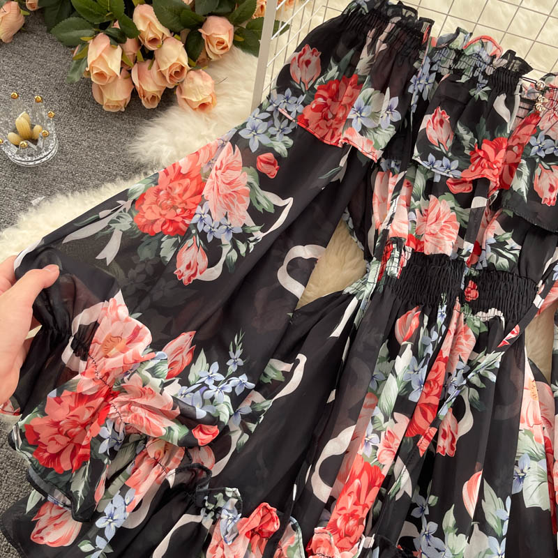 Chiffon Print Puff Sleeves Jumpsuit