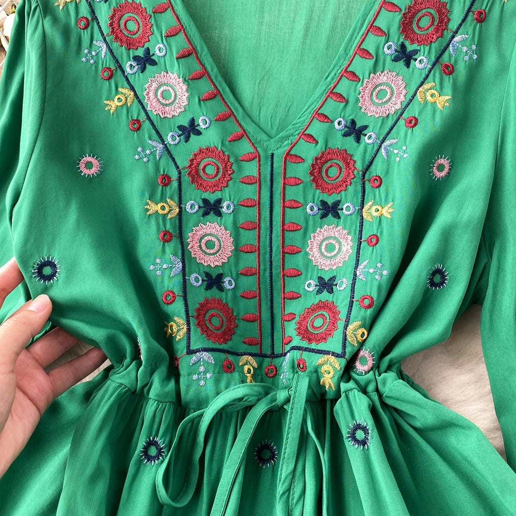 Bohemian Embroidered Drawstring Floral Dress
