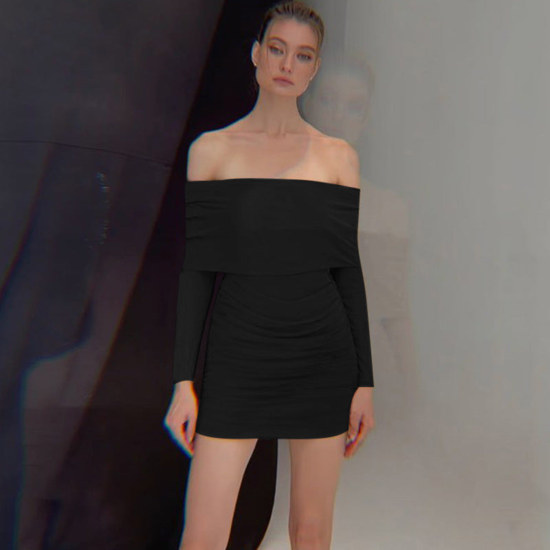 Off-shoulder Pleated Mesh Dress