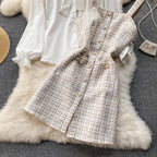 Bow-tie Tweed White Shirt&Plaid Dress