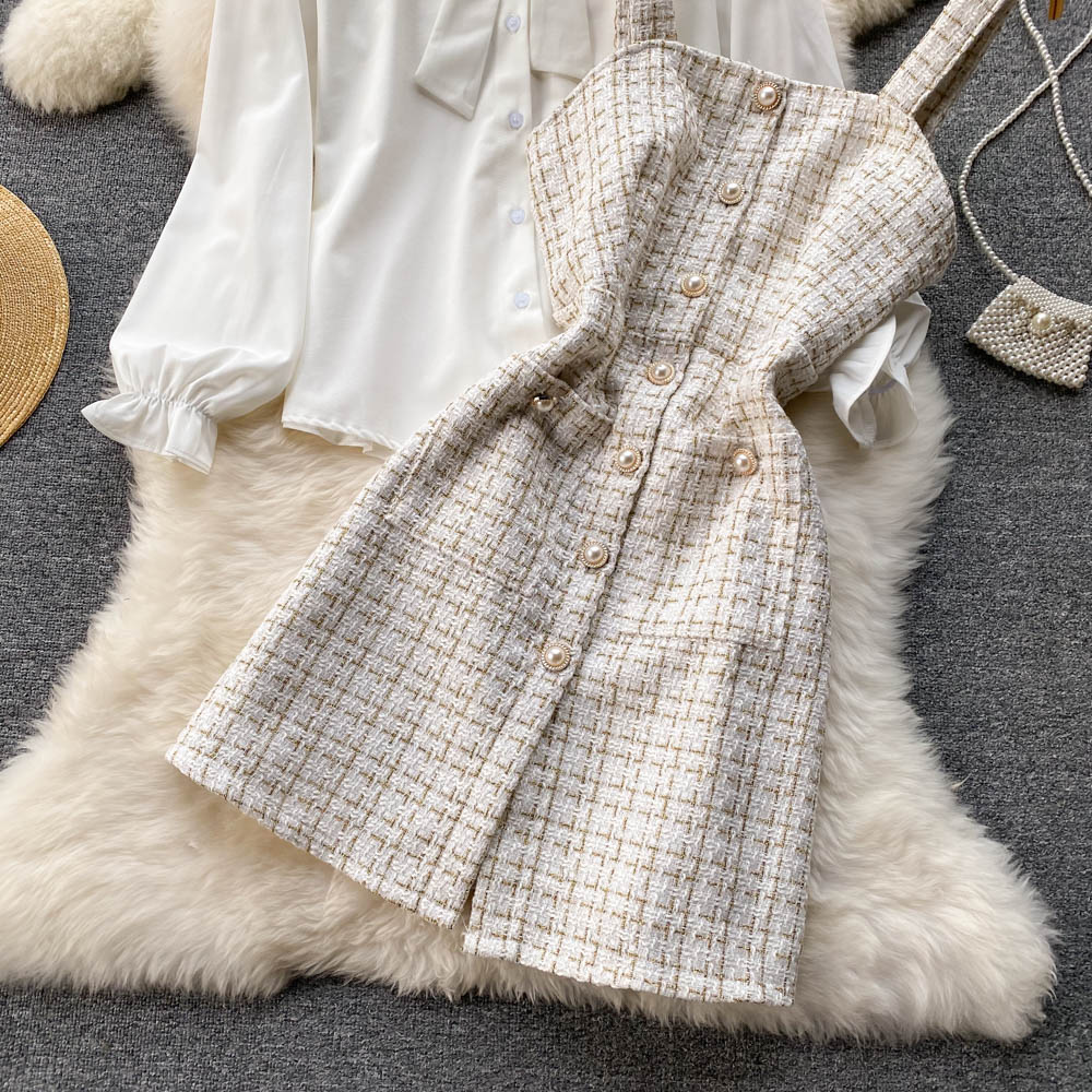 Bow-tie Tweed White Shirt&Plaid Dress