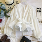 V-neck Pleated Tie Bow Ruffled Chiffon Shirt