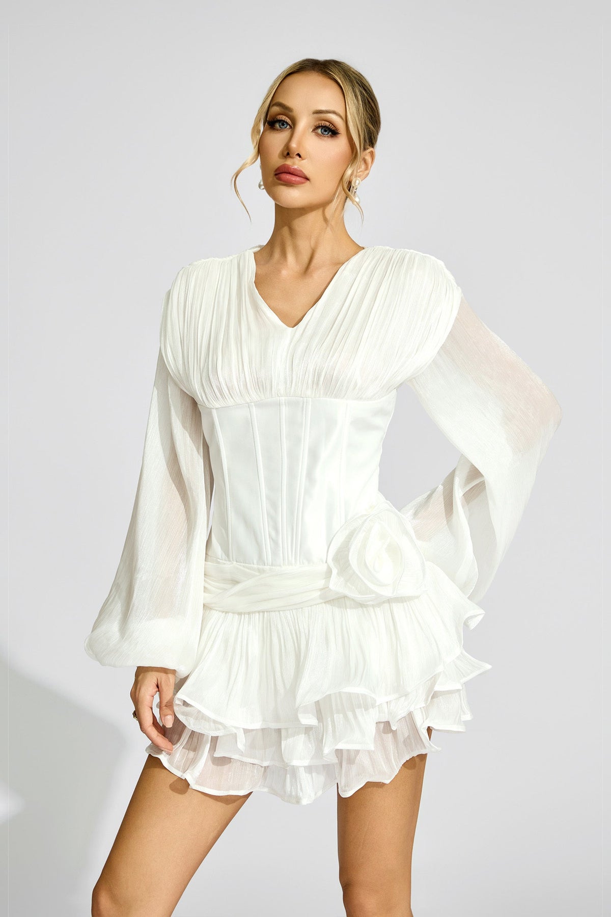Aislyn 3D Flower Ruffle Trim Mini Dress In White