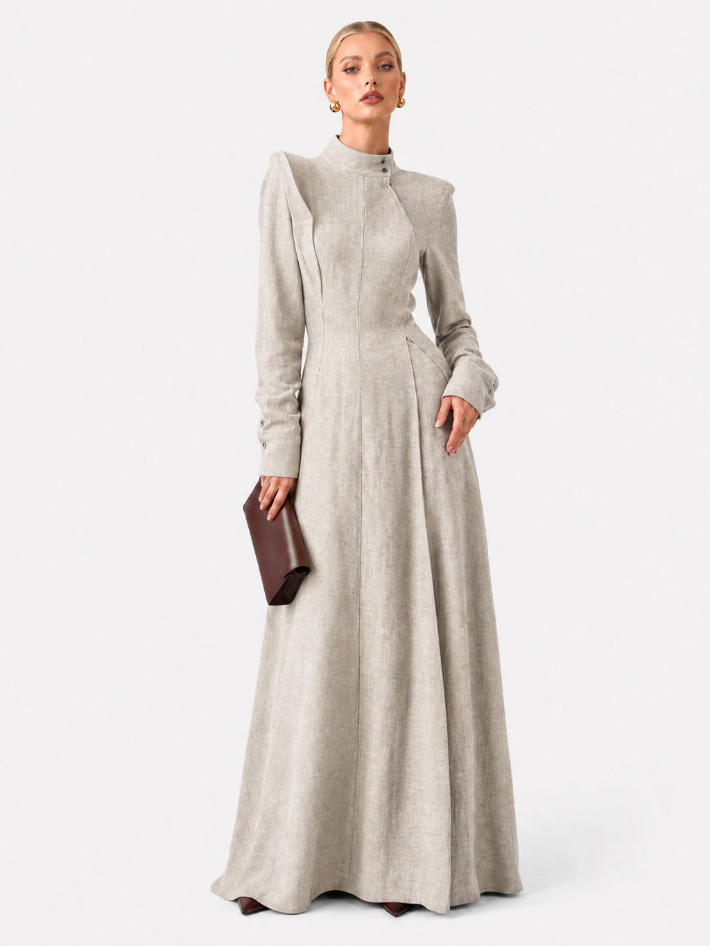 Architectural High-Neck Long Sleeve Maxi Dress With Puffed Shoulders & Flared Cuffs