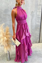 Halter Neck Ruffle Flowy Maxi Dress