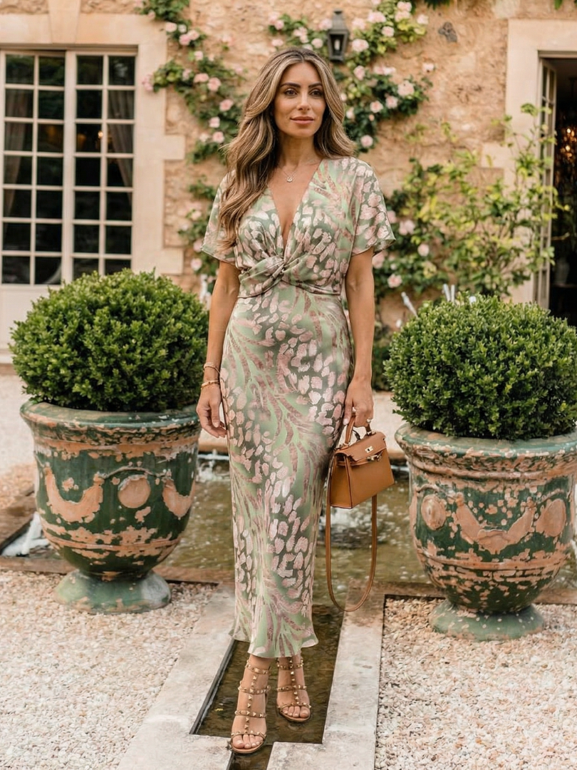 Abstract Print V-Neck Twist-Waist Midi Dress
