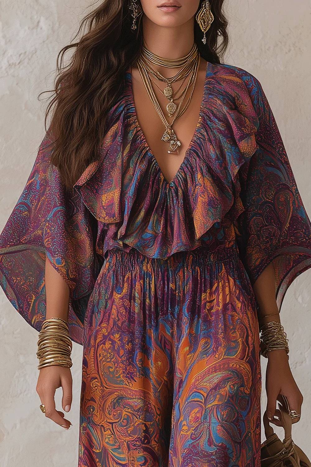 Bohemian Printed Ruffle Wide-Leg Jumpsuit