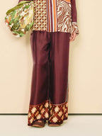 Unique Paisley Color-Block Satin Elastic Waist Wide-Leg Pants