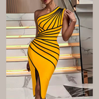 Miley - Yellow Striped One Shoulder Bandage Dress