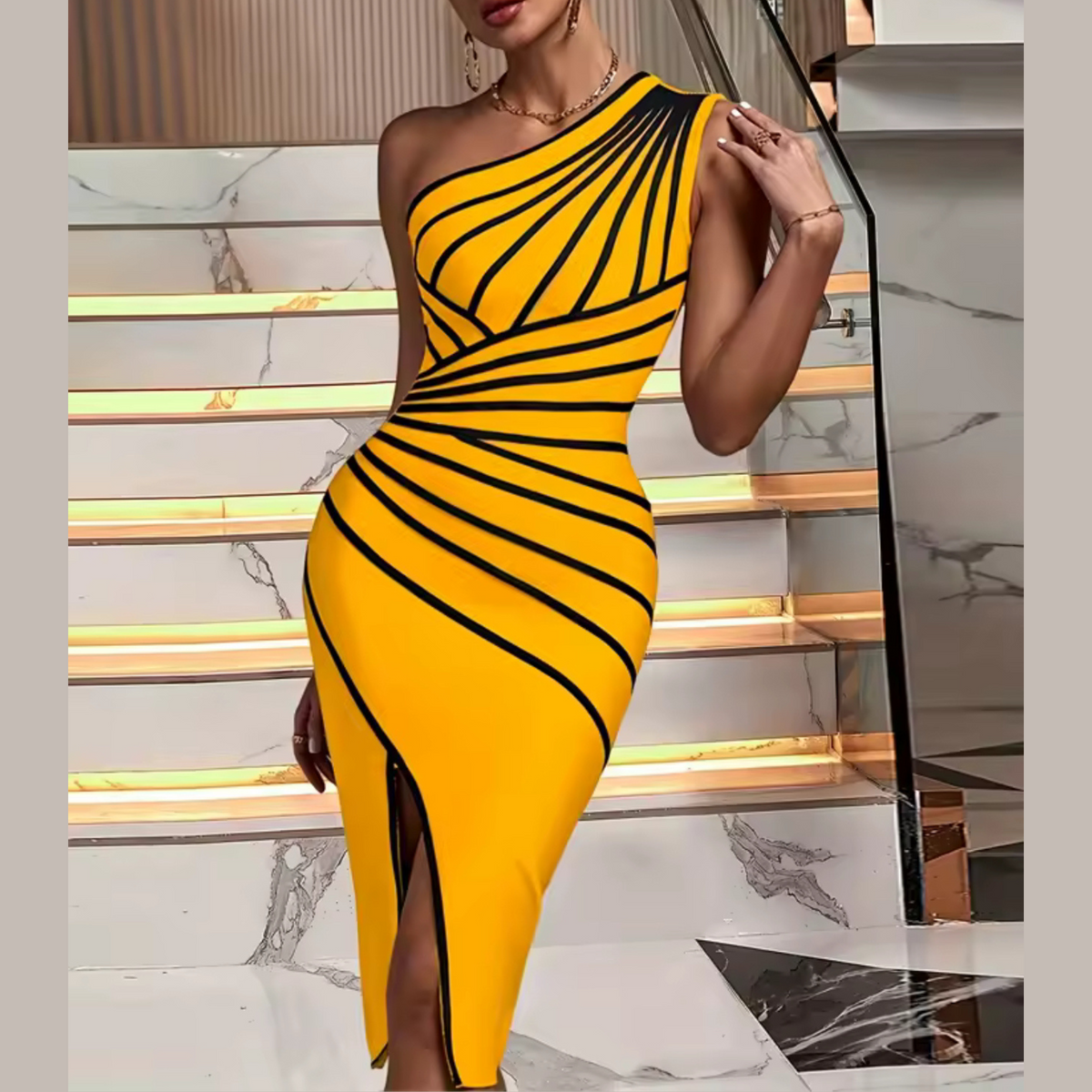 Miley - Yellow Striped One Shoulder Bandage Dress