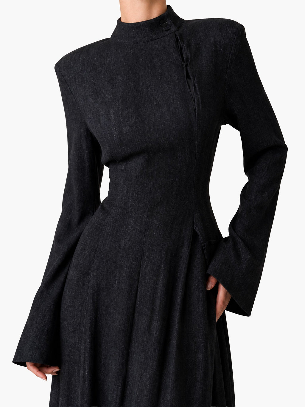 Architectural High-Neck Long Sleeve Maxi Dress With Puffed Shoulders & Flared Cuffs