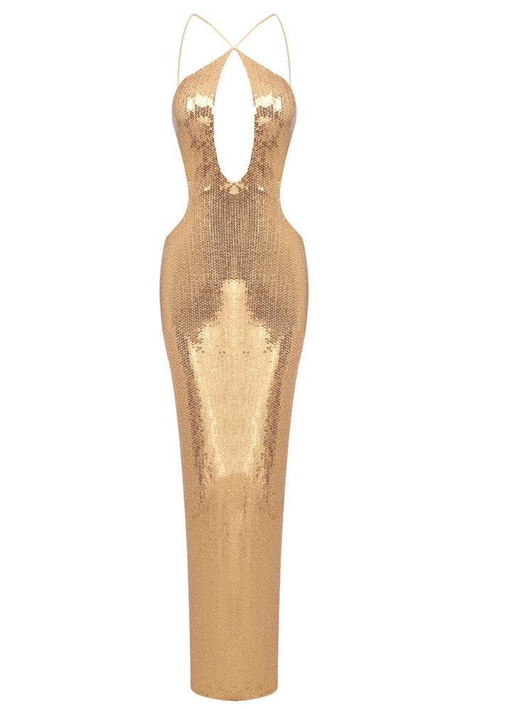 Sephra Front Cutout Backless Maxi Dress In Glod