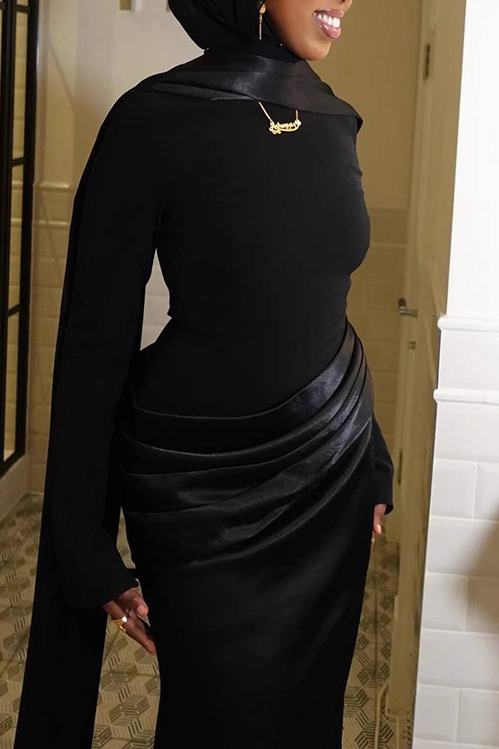 Mock Neck Long Sleeve Draped Waist Floor‑Length Maxi Dress