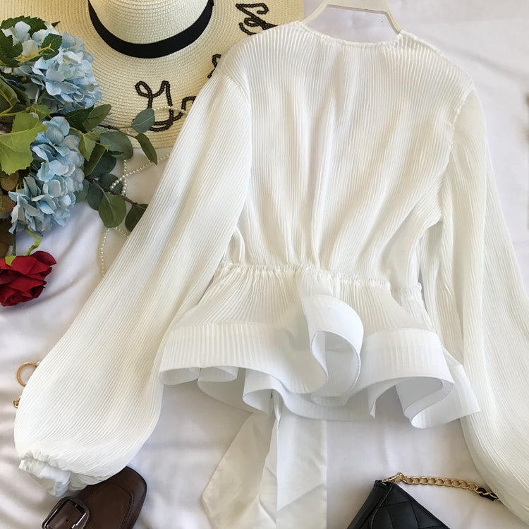 V-neck Pleated Tie Bow Ruffled Chiffon Shirt
