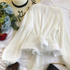 V-neck Pleated Tie Bow Ruffled Chiffon Shirt
